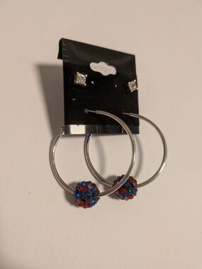 Silver Hoop Earrings with Red & Blue Crystal Beads